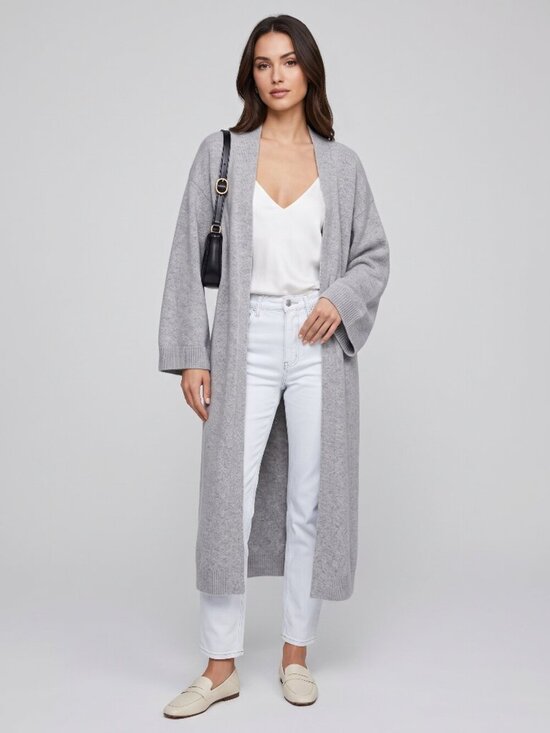 Sweaters - Women's Gray Oversized Long Knit Cardigan Open Front Relaxed Duster Sweater